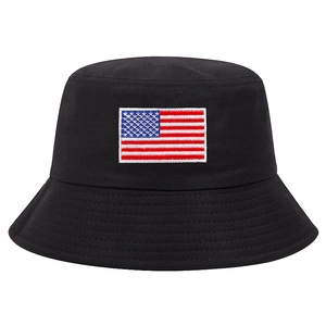 Black canvas bucket hat with embroidered US flag patch for outdoor sun protection