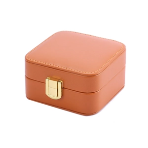 Portable orange PU leather jewelry box with golden lock and square design