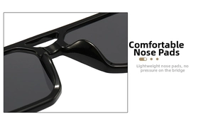 Detail of comfortable integrated nose pads on black oversized square sunglasses