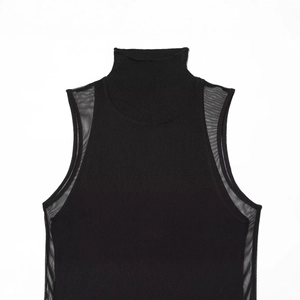 Women's black high neck sleeveless knit top featuring sheer side mesh panels