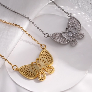 Elegant butterfly pendant necklaces with zircon micro-paving in gold and silver finishes