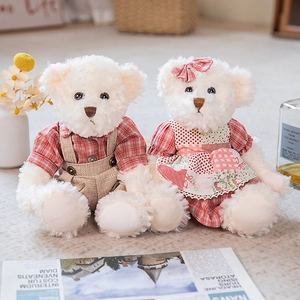 Pair of teddy bears in red plaid outfits for couples, plush stuffed animals toy set