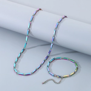 Rainbow plated stainless steel necklace and bracelet set with geometric bar links