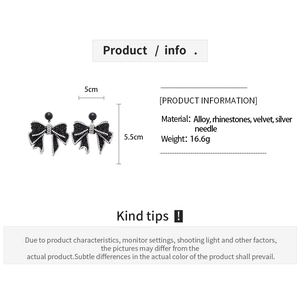 Detail view showing black velvet bow earrings with rhinestones and size specifications