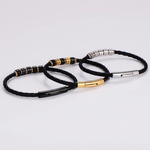 Pulseras clásicas de cuero trenzado para hombre con cierres en negro, oro y plata
