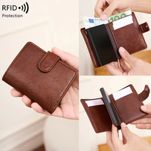 Detail showing RFID protection mechanism and automatic metal pop-up card holder in brown leather