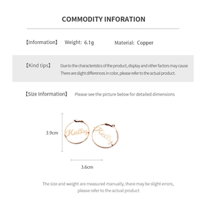 Detailed spec sheet showing 3.9cm size and 6.1g weight for gold plated hoop earrings