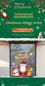 Detail of UV printed Christmas window stickers with Santa, reindeer and snowman on glass