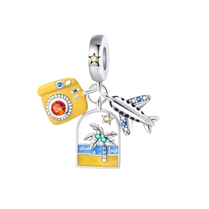 Silver travel charm set featuring a yellow camera and blue gemstone plane for bracelets