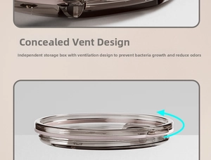 Detail of dark transparent retainer box lid with hidden ventilation holes for airflow