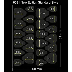 Extra strong yellow adhesive tabs for press-on nails with various sizes measurement chart