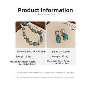 Detailed view of vintage jewelry set with blue resin stones and faux pearls