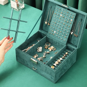 Large capacity vintage velvet jewelry organizer box with multi-layer storage in dark green
