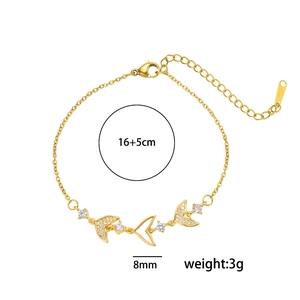 Adjustable fishtail charm bracelet with micro-pave cubic zirconia in gold plating