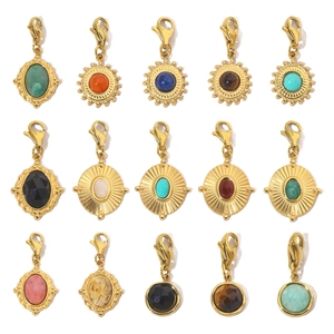 Stainless Steel DIY Charms Natural Stone Sunburst Oval With Lobster Clasp Gold Plated Retro Bohemian For Jewelry