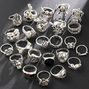 24-piece set of vintage punk gothic rings featuring skull spider and card designs