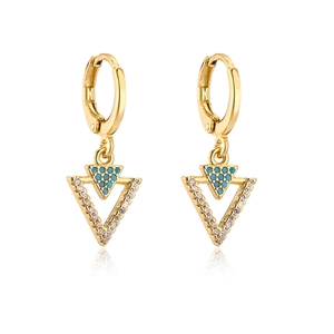 Detail of 18K gold-plated double triangle earrings with teal stones and pavé crystals