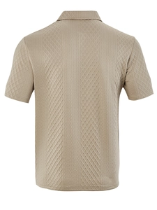 Rear view of khaki short sleeve Polo shirt featuring detailed diamond textured knit fabric