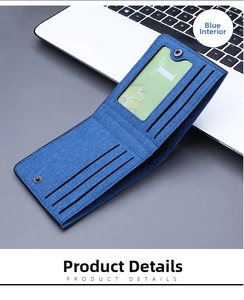 Detailed macro view of a blue canvas bifold wallet with multiple card slots and ID window