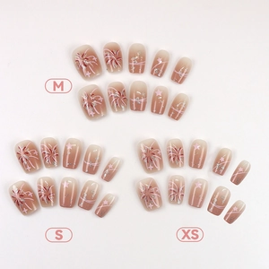 Sweet pink gradient press-on nails with silver glitter stars in XS, S, M sizes