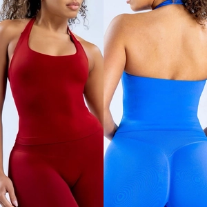 Women's seamless halter neck sports bra and high-waist leggings yoga set in red and blue