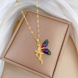 Gold fairy wings necklace with colorful gradient butterfly wings and sparkling rhinestones