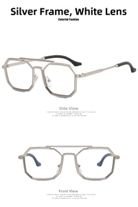 Detailed front and side view of silver polygon steampunk sunglasses with clear lenses