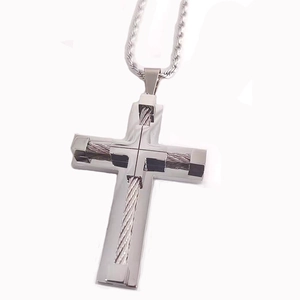 Vintage stainless steel cross necklace with wire rope inlay on silver pendant for men