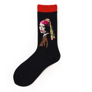 Detailed knit texture of oil painting sock featuring Girl with a Pearl Earring pattern