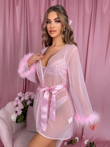 Detail of pink sheer robe with faux feather cuffs and lace heart embroidery lingerie