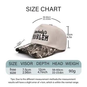 Size chart showing visor length, depth, and head circumference for camouflage trucker hat