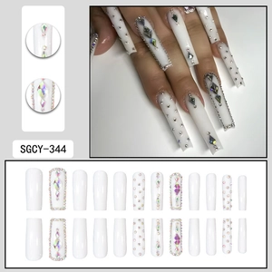 Extra long white square press-on nails with luxury rhinestones and studs SGCY-344