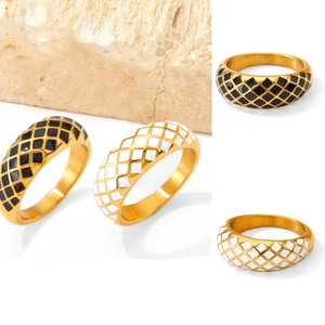Bague À Damier En Acier Inoxydable Émail Vintage Français Grille Diamant Bijoux Pour Hommes Femmes Plaqué Or Élégant