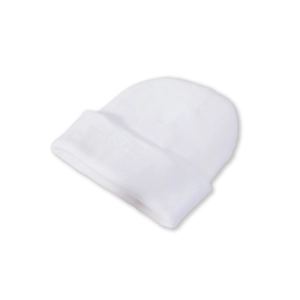 Close-up of white ribbed knit beanie featuring a wide cuff for warm winter protection