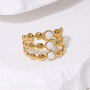 Vintage 18K gold plated stainless steel triple-layer ring with white enamel geometric accents