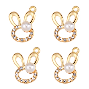Set of 4 gold rabbit charms with inlaid pearls and rhinestones for DIY jewelry making