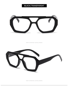 Detail of retro geometric square sunglasses featuring double bridge and black frame