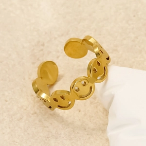 Gold plated stainless steel open ring featuring a minimalist hollow smiley face design