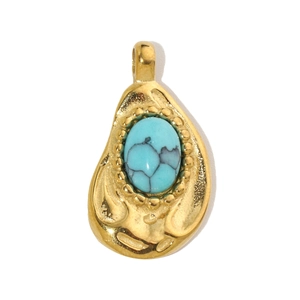 Detailed view of bohemian gold titanium steel pendant with oval turquoise stone inlay