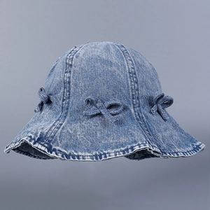 Chapeau Bob En Denim Femmes Avec Noeuds Bord Volanté Protection Solaire Pliable Style Coréen Doux Lavage Vintage Denim