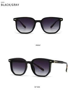 Front and 45-degree side view of square sunglasses with gold arrow metal trim