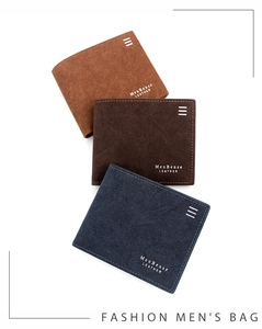 Three-color variety of men's matte leather short wallets in brown, coffee and navy blue
