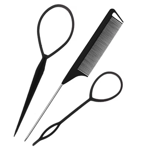 Professional 3-piece black hair styling set with tail comb and hair loop tools