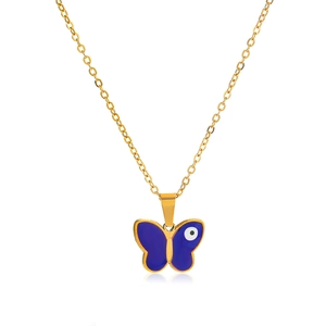 Golden butterfly necklace with purple enamel and blue evil eye charm on white background