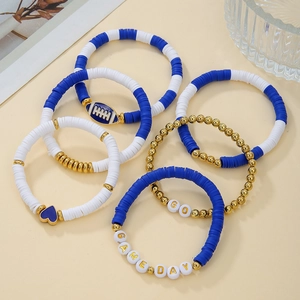 Close-up of 5-piece navy and white rugby bead bracelets with GO and GAME DAY lettering