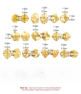 Size chart showing dimensions for nine pairs of vintage gold irregular stainless steel earrings