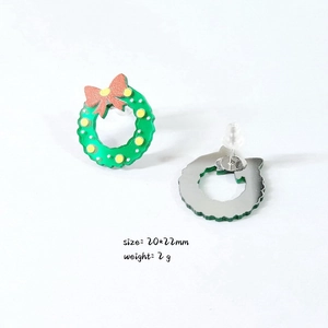 Christmas wreath stud earrings with red bow and green foliage, 20x22mm festive jewelry