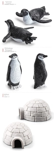 Detailed views of realistic miniature penguin models and a white igloo toy set