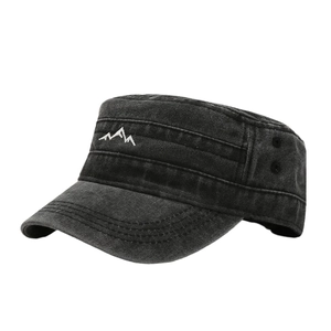 Vintage washed black cadet cap with mountain embroidery and breathable eyelets