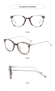 Three-angle view of cat-eye glasses frames in transparent tortoiseshell with silver metal temples